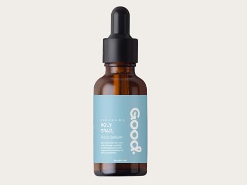 Two fluid ounce bottle of Good Beauty Holy Grail Serum showing the clean ingredient label.