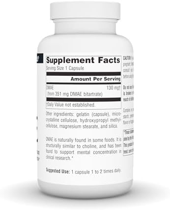Source Naturals Dimethylaminoethanol Bitartrate dietary supplement side panel with suggested usage directions.