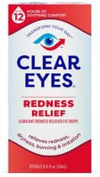 Clear Eyes lubricant eye drops 0.5 fluid ounce bottle with precision dropper tip.