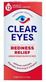 Clear Eyes lubricant eye drops 0.5 fluid ounce bottle with precision dropper tip.