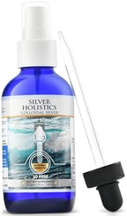 Silver Holistics Colloidal Silver 4 Ounce amber glass spray bottle detailing the fine mist nozzle setup.