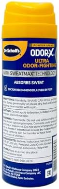 Person spraying Dr. Scholl's Odor-X powder inside a sneaker for freshness.