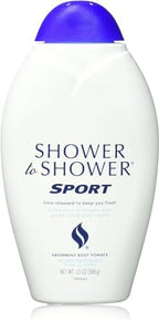Pack of six 13 ounce Shower To Shower Sport cornstarch body powder bottles.