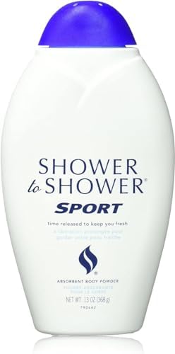 Pack of six 13 ounce Shower To Shower Sport cornstarch body powder bottles.