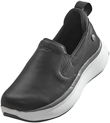 Side profile of Silvert's black supportive slip on shoes for elderly women.