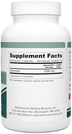 Wellness Resources vegan quercetin capsules supplement facts label side view.