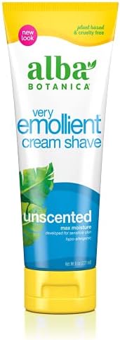 Alba Botanica fragrance free sensitive skin shaving cream bottle displaying botanical ingredients list