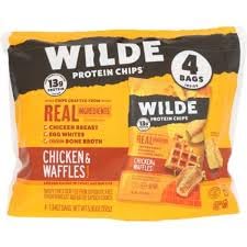 Wilde Brands Chicken and Waffles Protein Chips 4 pack front view showcasing gluten-free snack packaging.