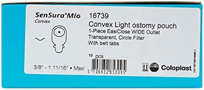 Coloplast SenSura Mio 10 count package box detailing cut to fit stoma measurements