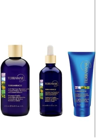 Close up packaging view of the three piece Terramar Terramiracle hair fall control system with natural rosemary and arnica extracts.