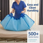 Caregiver using the eight handles on the Huilink patient transfer sheet to reposition an individual