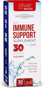 Side profile of Silver Biotics 16 Fluid Ounces daily immune defense supplement bottle