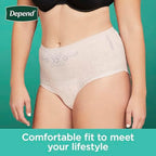 Depend female disposable protective briefs showing form fitting elastic strands