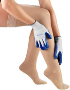 Pair of blue Truform nitrile gloves for applying medical hosiery and tights