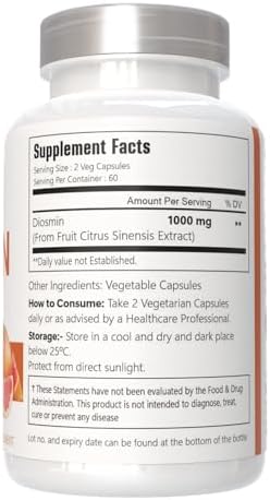 Supplement facts panel of maximum strength non-GMO gluten-free diosmin capsules.