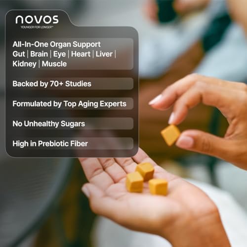 Novos Vital imported health supplement pouch displaying liver brain eye heart and gut support benefits