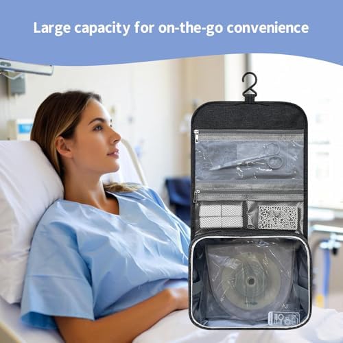 Detailed view of the waterproof fabric and reinforced stitching of the ostomy bag.