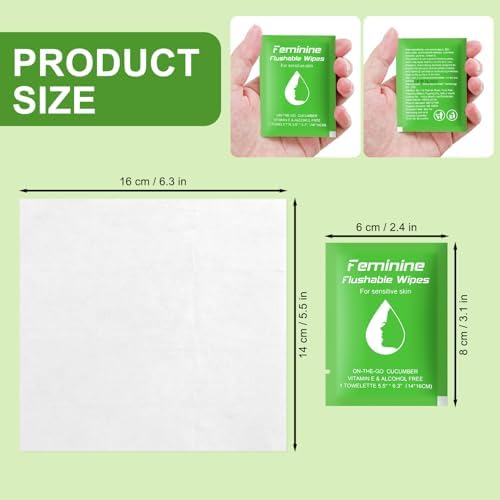 Individually wrapped green feminine wipes showing portable packaging.