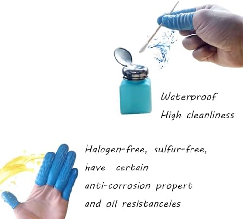 Close up of a durable puncture resistant blue nitrile cot covering a fingertip securely