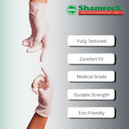 Packaging detail of Shamrock 5 mil thickness medical safety gloves.