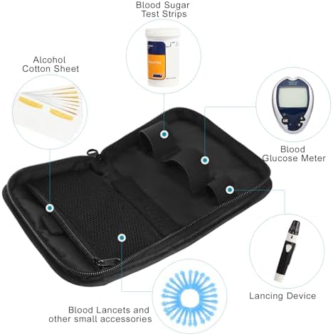 GENCAM blood glucose monitor carrying bag open layout displaying internal mesh pocket compartments