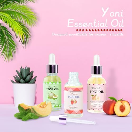 Close up of Wovarkie yoni serum packaging showing peach and strawberry variants.