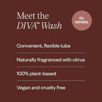 Back label of DIVA Wash showing natural plant-based ingredients