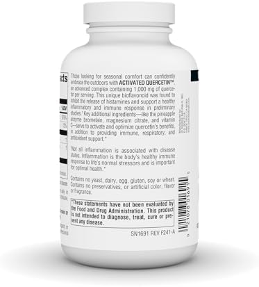 Side view of Source Naturals Activated Quercetin bottle highlighting seasonal health benefits