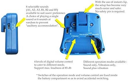 DryEasy enuresis alarm showcasing the digital volume control buttons and side switches for audio settings.