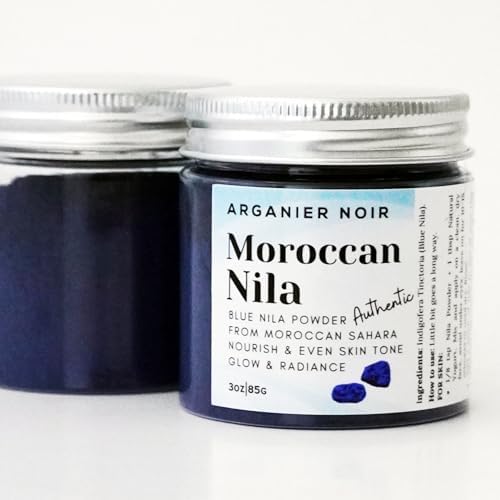 Close up of Arganier Noir Blue Nila powder texture for skin brightening masks.