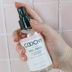 Close up of Coochy Peony Prowess spray label showing paraben free ingredients
