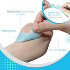 Close-up of the medical grade soft silicone adhesive layer on the blue first aid bandage tape.