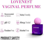 Lovenest Intimate Spray packaging showing pH 4.2 and postbiotic ingredients for women.