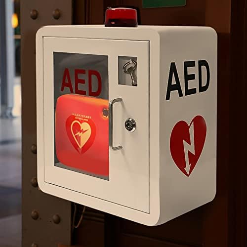 Steel wall mount AED case with lock and key security features.