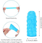 Large size blue non allergenic finger protectors laid out showing stretch and elasticity.