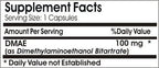 Side angle of DMAE dietary supplement bottle displaying clear label info and additive free certifications.