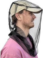 Universal Backpackers mosquito net worn over a sun hat