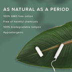 Veeda biodegradable cotton tampons with BPA-free plastic applicator detail.