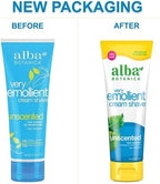 Back label view of Alba Botanica soap free cream shave emphasizing cruelty free and plant based certifications