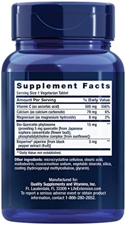 Life Extension Fast-C Vitamin C tablets side label showing buffered calcium and magnesium ingredients.