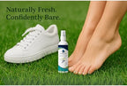 Quick acting shoe odor remover mist being applied to a pair of sneakers