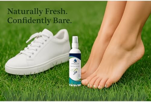 Quick acting shoe odor remover mist being applied to a pair of sneakers