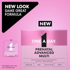 Close up of One A Day prenatal multivitamin label details.