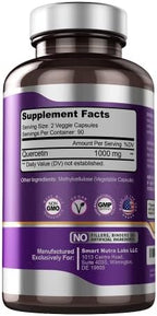 Back label close up of Smart Nutra Labs Quercetin 1000mg showing clear supplement facts panel