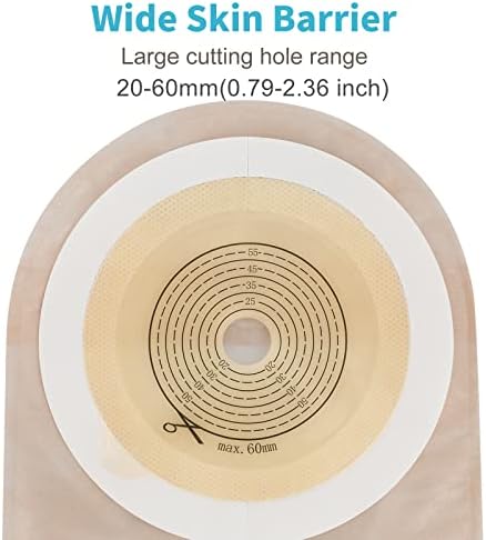 Konweda ostomy supplies showing the customizable cut to fit grid pattern from fifteen to sixty millimeters