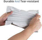 Opaque white ostomy supplies disposal bag demonstrating puncture resistant heavy duty plastic material.