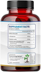 Humming Herbs gut health supplement packaging displaying 120 vegetarian capsules