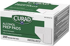 Individually wrapped Curad 2-ply alcohol swabs showing sterile packaging details.