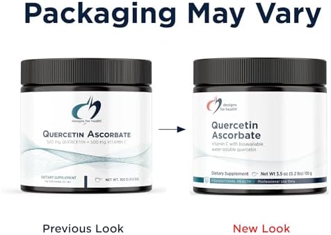 Designs for Health Quercetin-Ascorbate Powder bottle showing vegan and non-GMO certification seals.