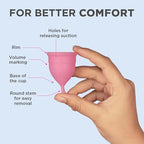 Side profile of Pee Safe menstrual cup showing the 9mm stem for easy removal.